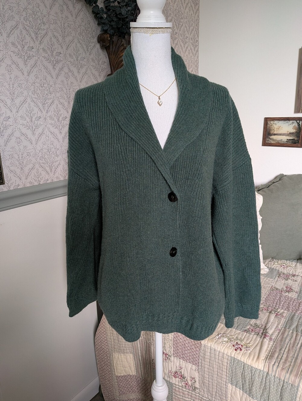 Poetry Shawl Collar Cardigan 100% Merino Wool Pine Green US 12 $295